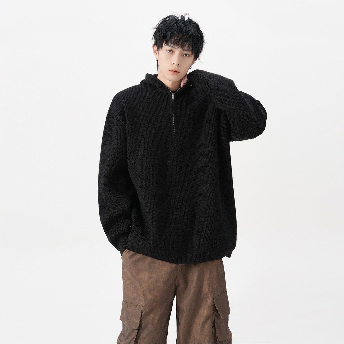 boy Boy Boy Boy Half-Zip Hooded Sweater For Men, Autumn Trendy Loose Cleanfit Knitwear, Lazy High-End Feel Couple's Jacket_voghion.com