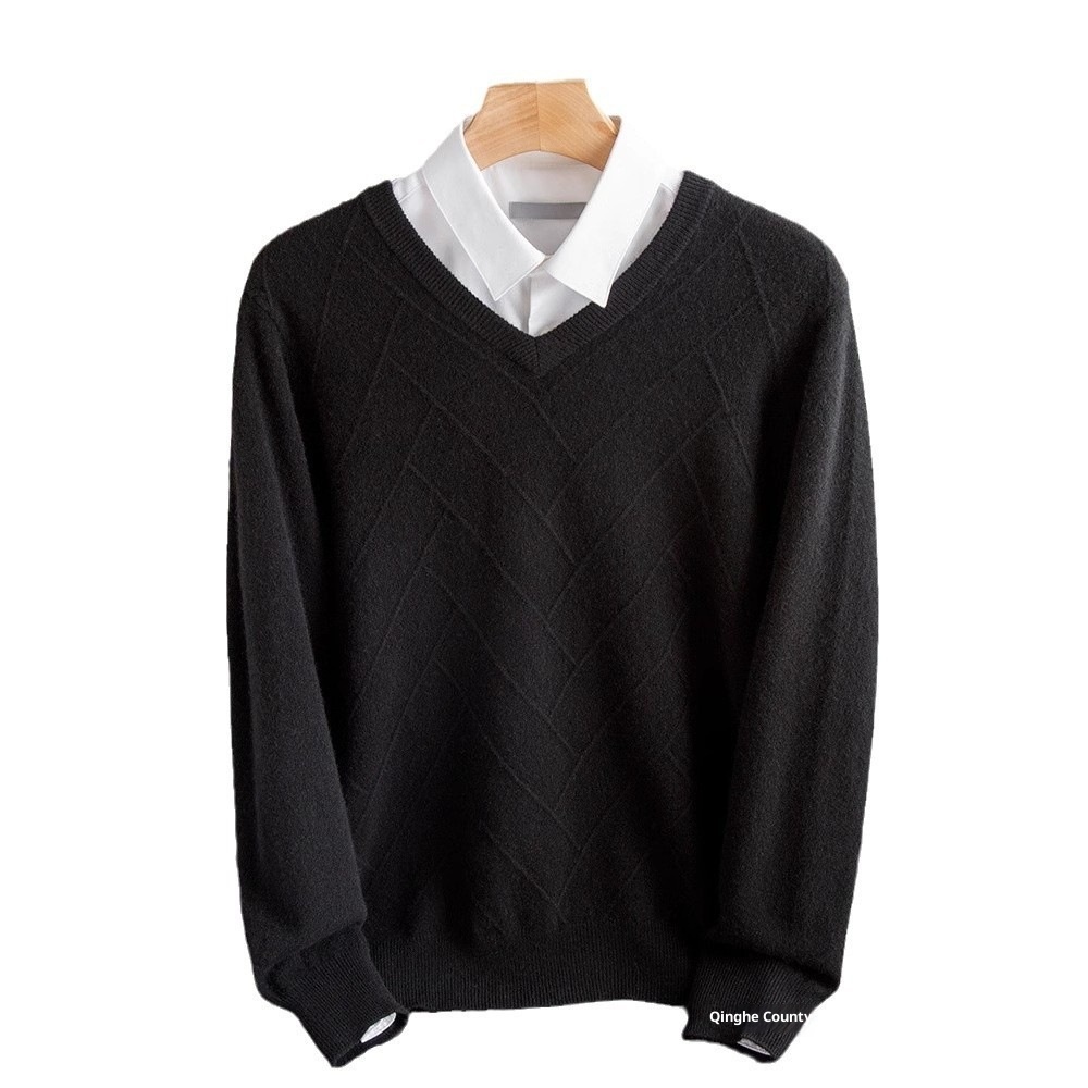 Maglione spesso da uomo in pura lana con scollo a V, autunno inverno 2024, nuovo modello casual da lavoro, con scollo a cuore_voghion.com
