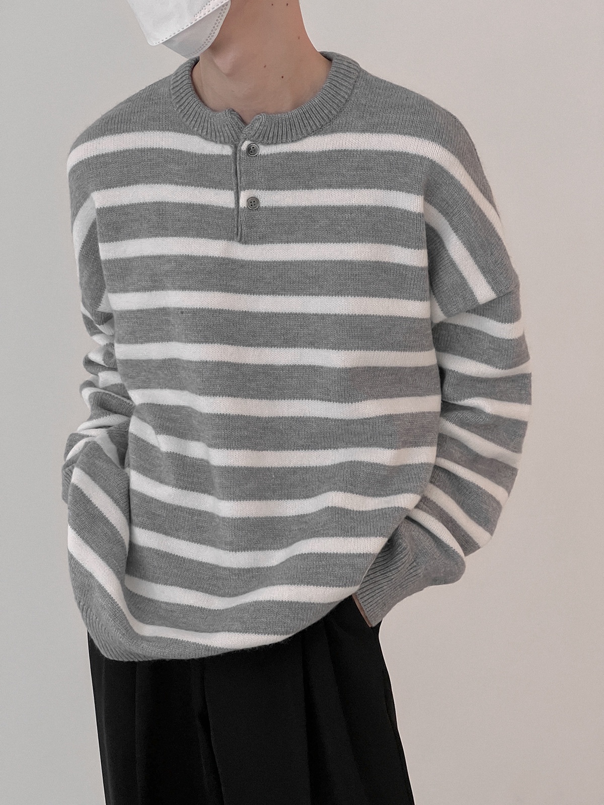 boy Boy Boy Boy Textured Japanese-Style Striped Sweater For Men With Buttons, Round Neck, Autumn Winter Casual Knitwear, Korean Version,_voghion.com