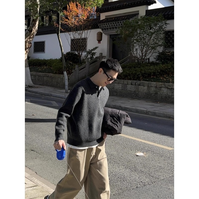 boy Boy Boy Boy Japanese Style Casual Light Lapel Sweater For Men, Autumn Lazy Polo Knitwear, Simple Versatile Loose Top_voghion.com