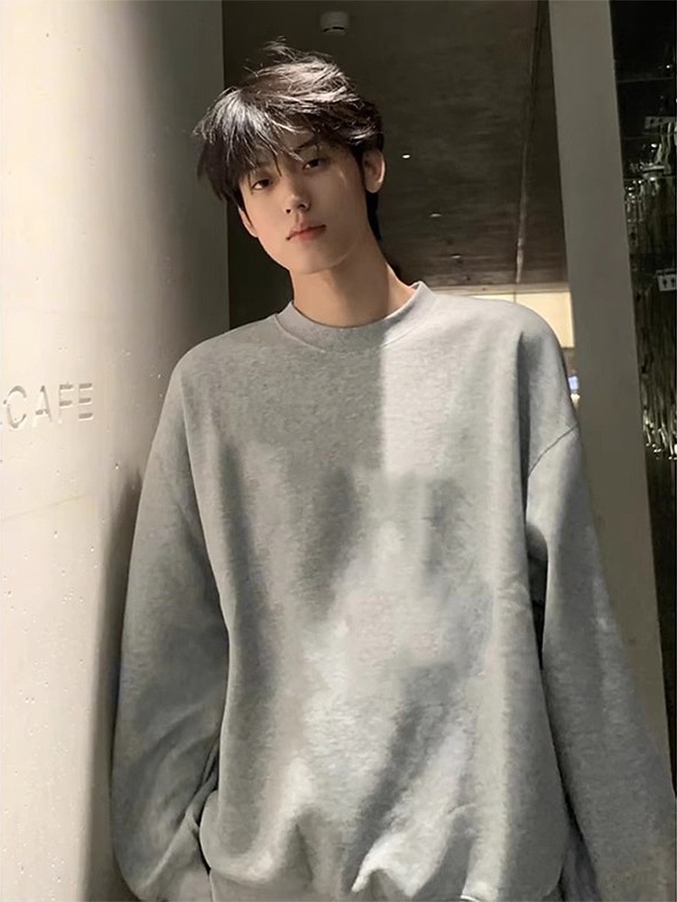 Schwarzes Herren-Sweatshirt im amerikanischen Stil, Herbst/Winter, Fleece, Cleanfit, schweres Langarmshirt aus reiner Baumwolle_voghion.com