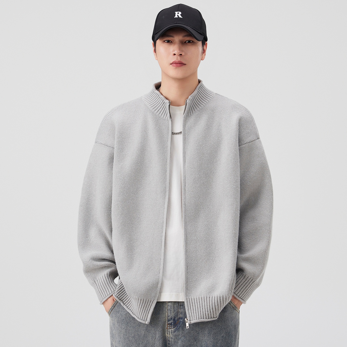 boy Boy Boy Boy Japanese Style Solid Color Heavyweight Zipper Cardigan Knitwear Versatile Casual Autumn Winter Light Sweater_voghion.com