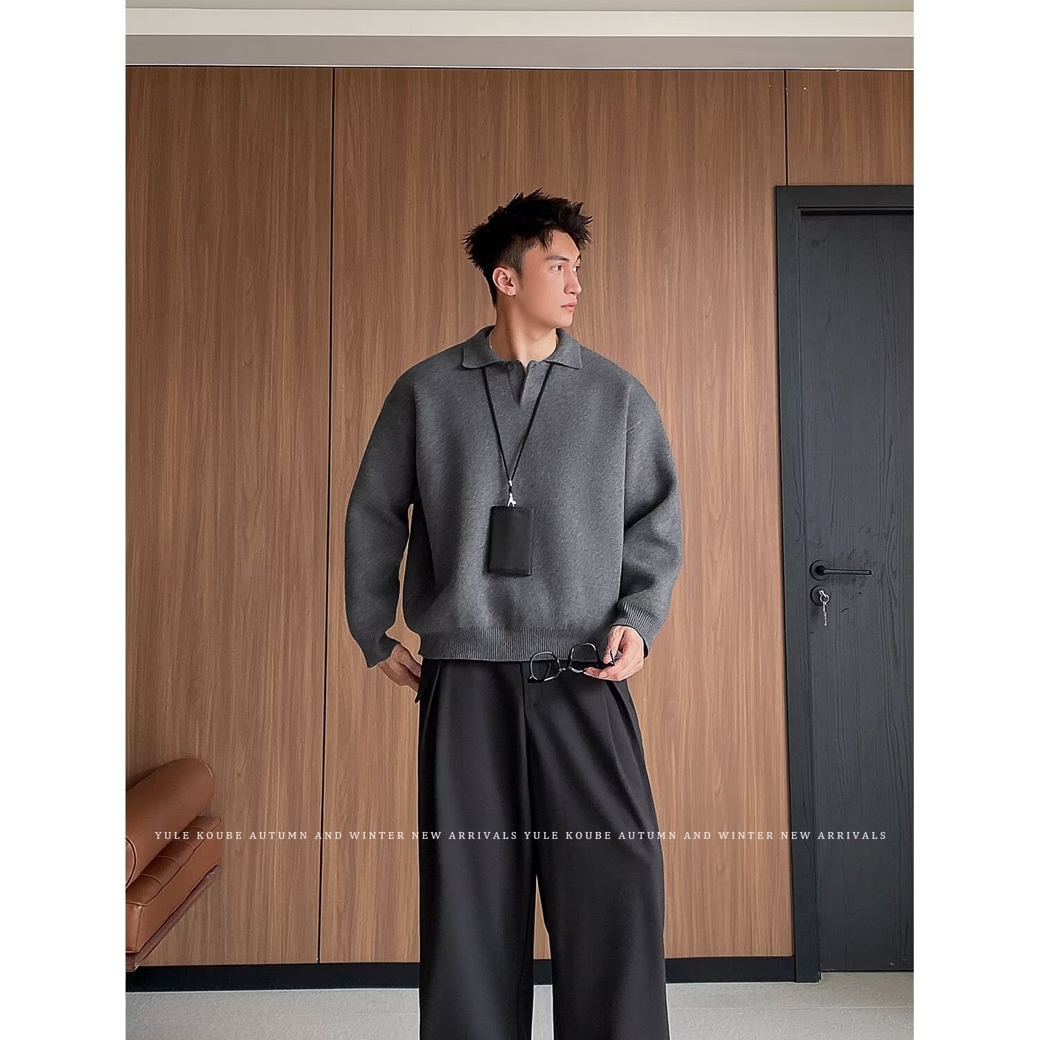 boy Boy Boy Boy Gray Polo Sweater Lazy High-End Feel Winter Heavyweight Turn-Down Collar Knitwear Men's American Cleanfit Jacket_voghion.com