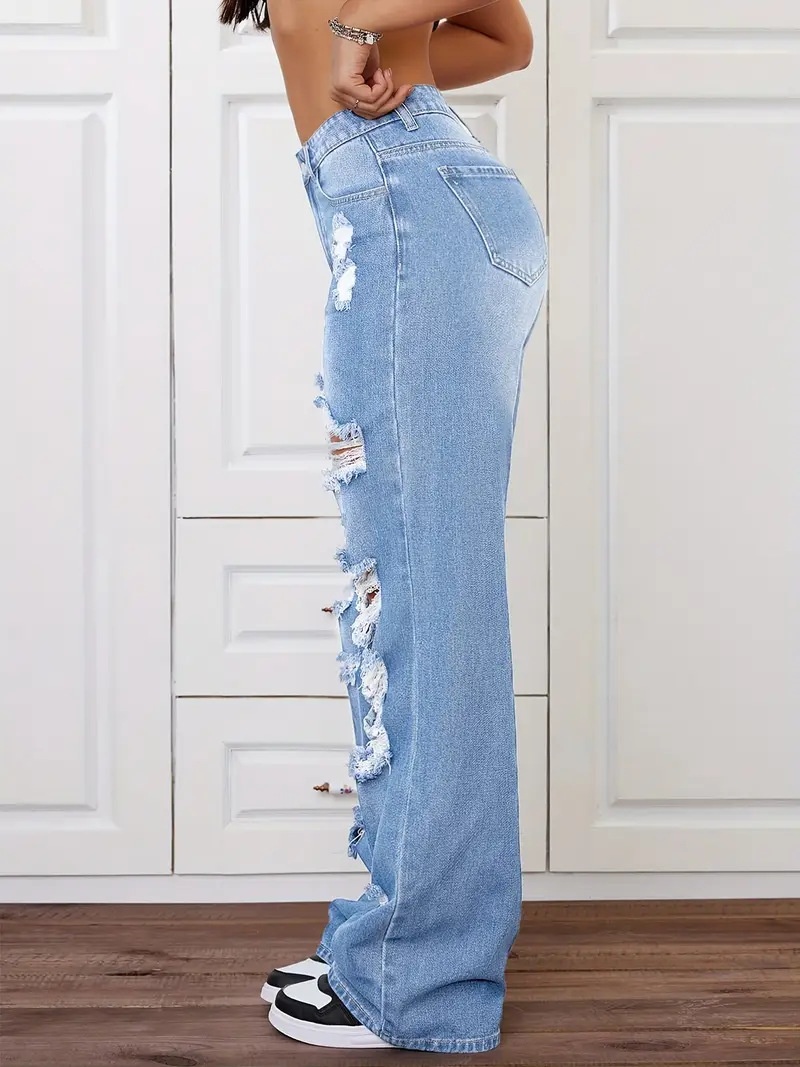 ChicShe European And American Cross-Border Trade Ripped Jeans Washed High Waist Straight Versatile Loose Denim Pants For Women_voghion.com