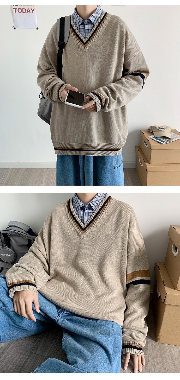 boy Boy Boy Boy Autumn Winter Sweater Men V-Neck Japanese Retro Loose Korean Style Pullover Casual Trendy Brand BF Color Block Knitwear_voghion.com