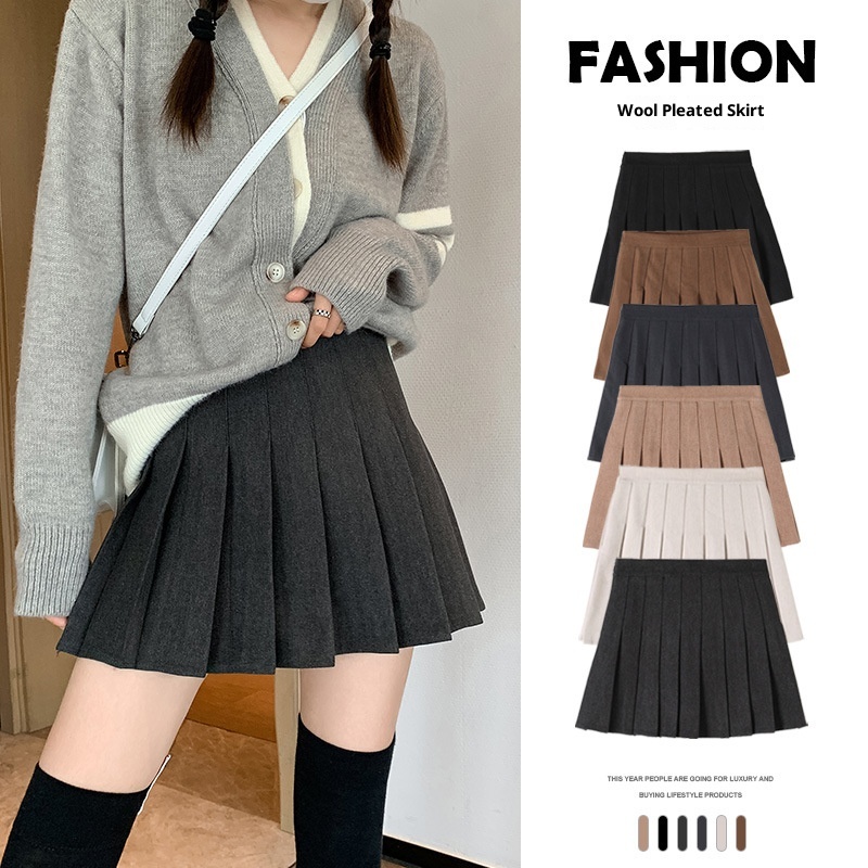 GraceChic GraceChic GraceChic Dark Gray Woolen Pleated For Women, High Waist, Slimming, 2025 New Spring Autumn Winter Fashionable A-line Skirt_ecoleips.com