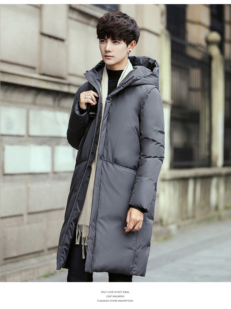 boy 2024 Winter Thickened Jacket Men Korean Version Slim Fit Hooded Men's Coat Fashion White Duck Down Mid-Length Parka_voghion.com
