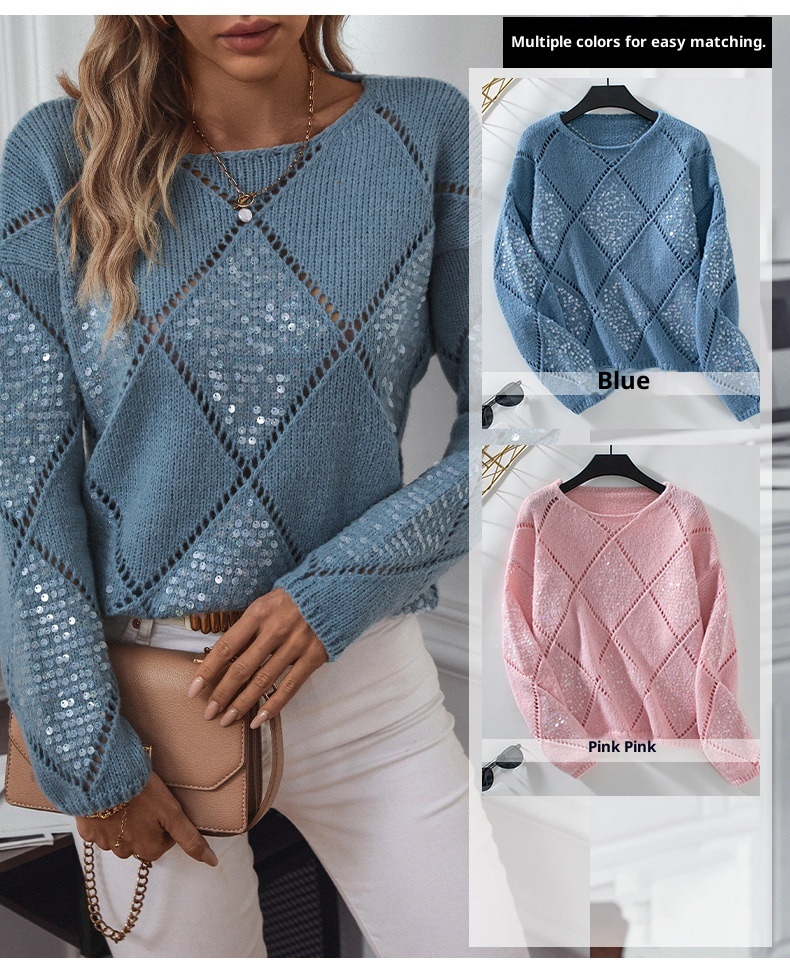 ChicShe ChicShe Fuzzy Rain Fashion Hollow Out Sequin Knitted Women, New Autumn Winter European And American Cross-Border Diamond Pattern_voghion.com