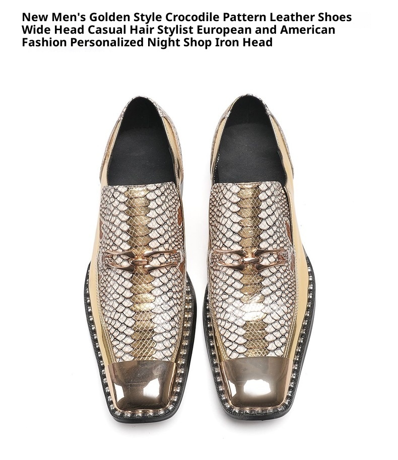 Voyage New Men's Gold Style Crocodile Pattern Leather Shoes Wide Casual Hairstylist European And American Trend Personality_voghion.com
