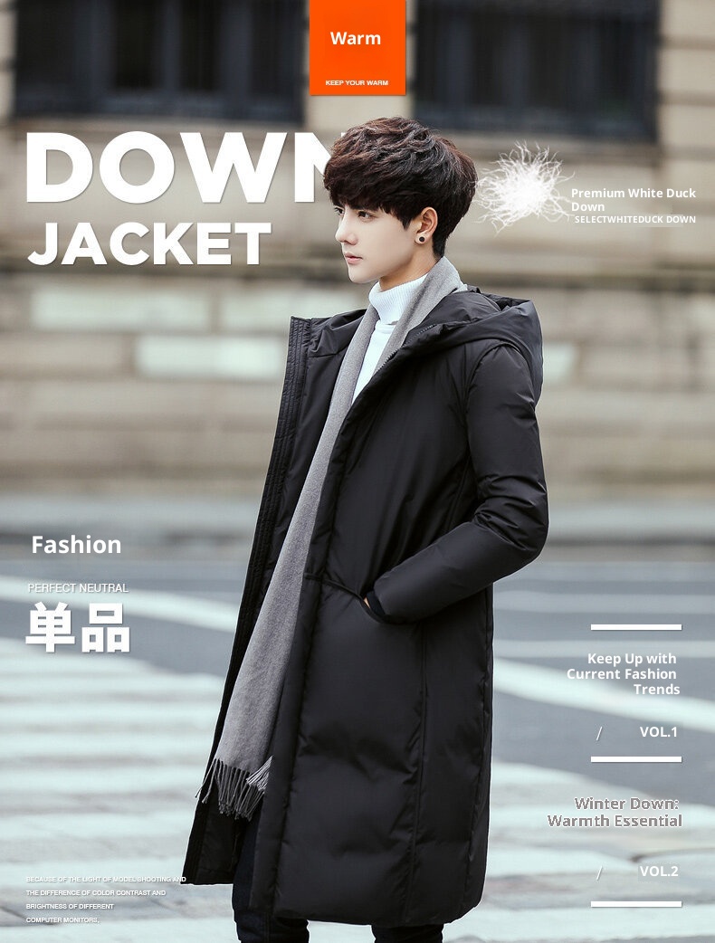 boy 2024 Winter Thickened Jacket Men Korean Version Slim Fit Hooded Men's Coat Fashion White Duck Down Mid-Length Parka_voghion.com