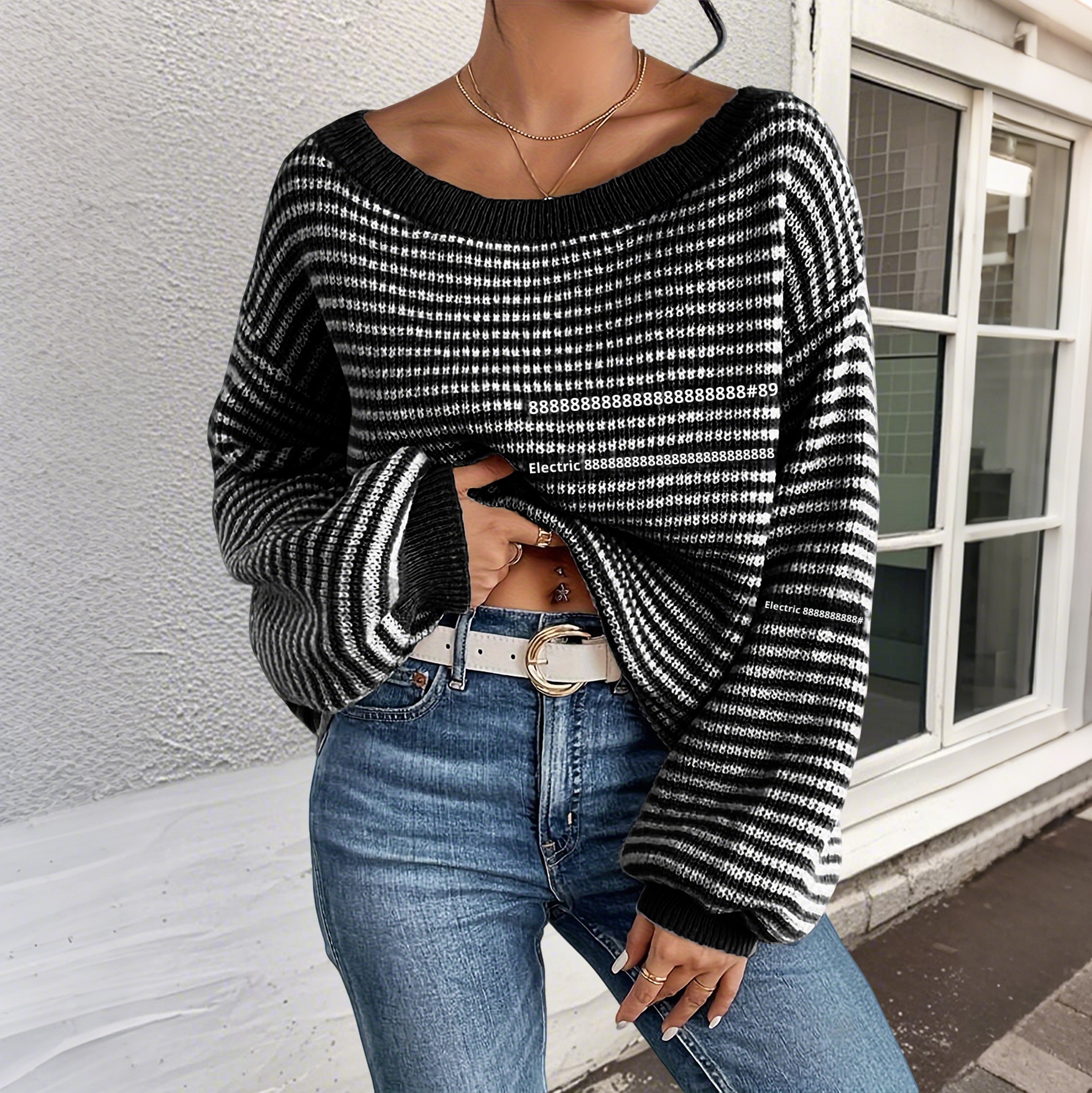 ChicShe ChicShe Autumn Winter New Off-Shoulder Striped Knit With One-Shoulder Collar, Drop Shoulder Sleeves, Lazy Fashion, European And_voghion.com