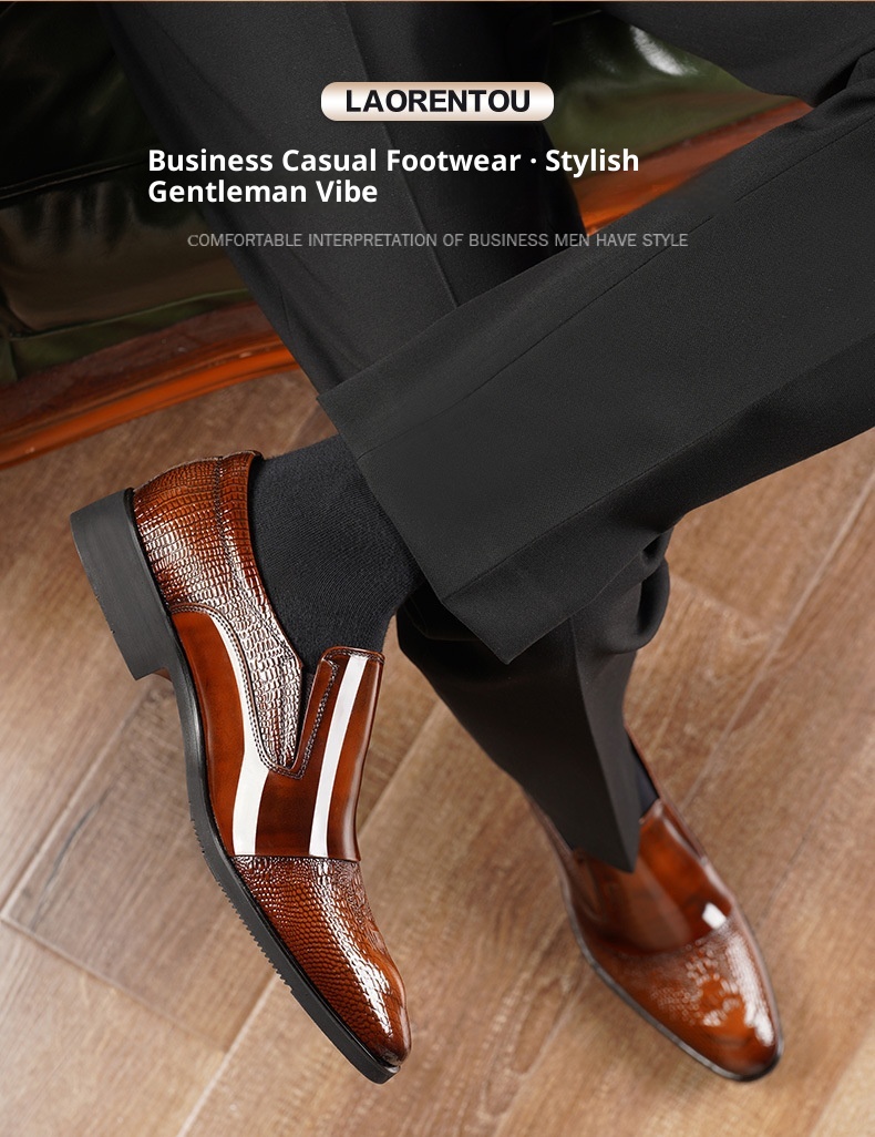 Voyage Elderly Crocodile Pattern Leather Large Size Trendy Korean Style Slim Fit Polished Casual Pointed Toe Men's Shoes 20252_voghion.com