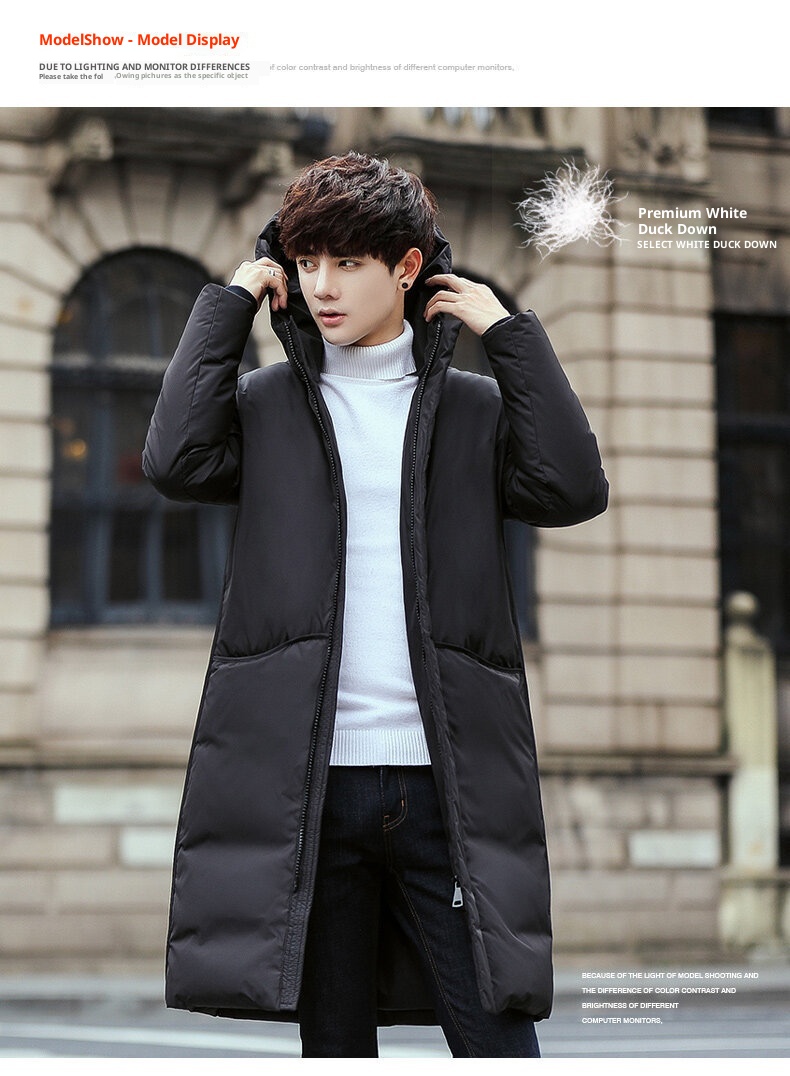 boy 2024 Winter Thickened Jacket Men Korean Version Slim Fit Hooded Men's Coat Fashion White Duck Down Mid-Length Parka_voghion.com