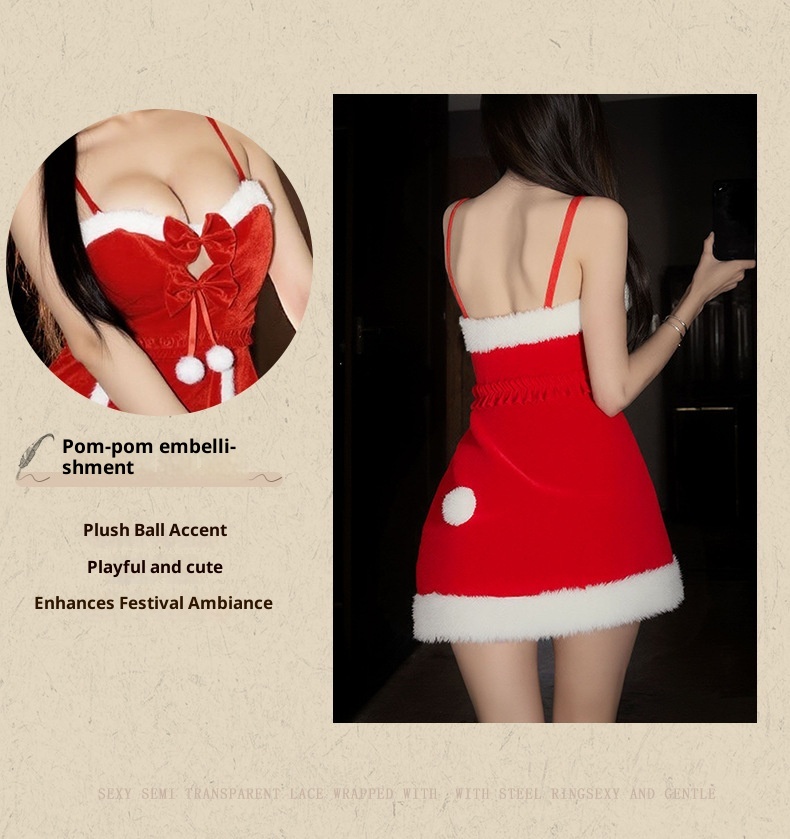 Eros Lab Night Listening Incense Christmas Battle Robe Lingerie Sexy Red Velvet Nightdress New Year Ball Role Play Pure Desire_voghion.com