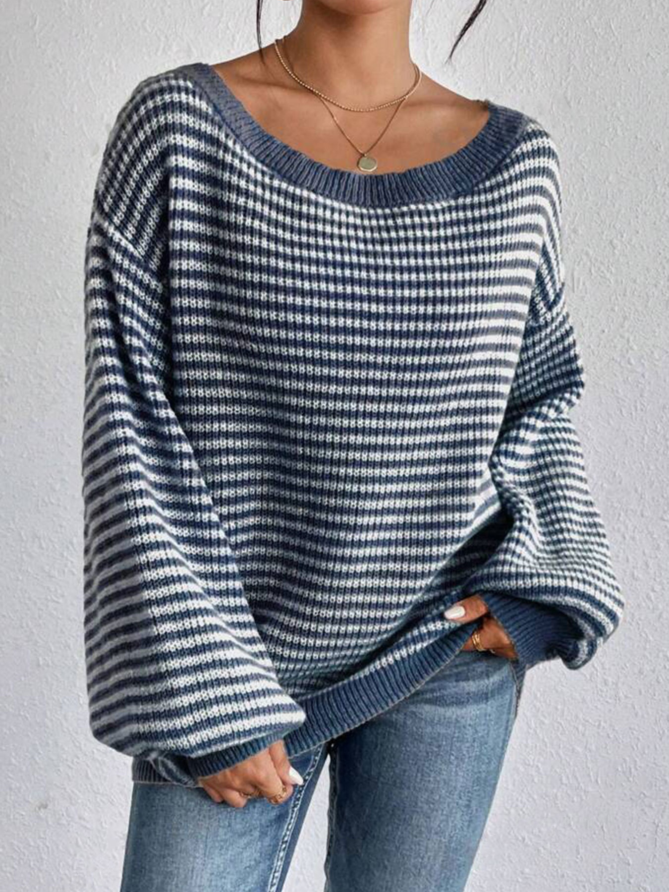 ChicShe ChicShe Autumn Winter New Off-Shoulder Striped Knit With One-Shoulder Collar, Drop Shoulder Sleeves, Lazy Fashion, European And_voghion.com