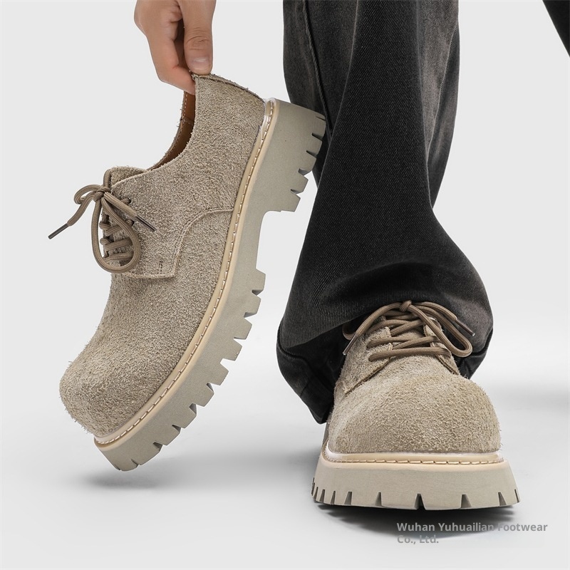 Voyage Paris Big Toe Derby Men Thick Sole Height Increase Retro Khaki Gray Suede Leather Work Shoes_voghion.com