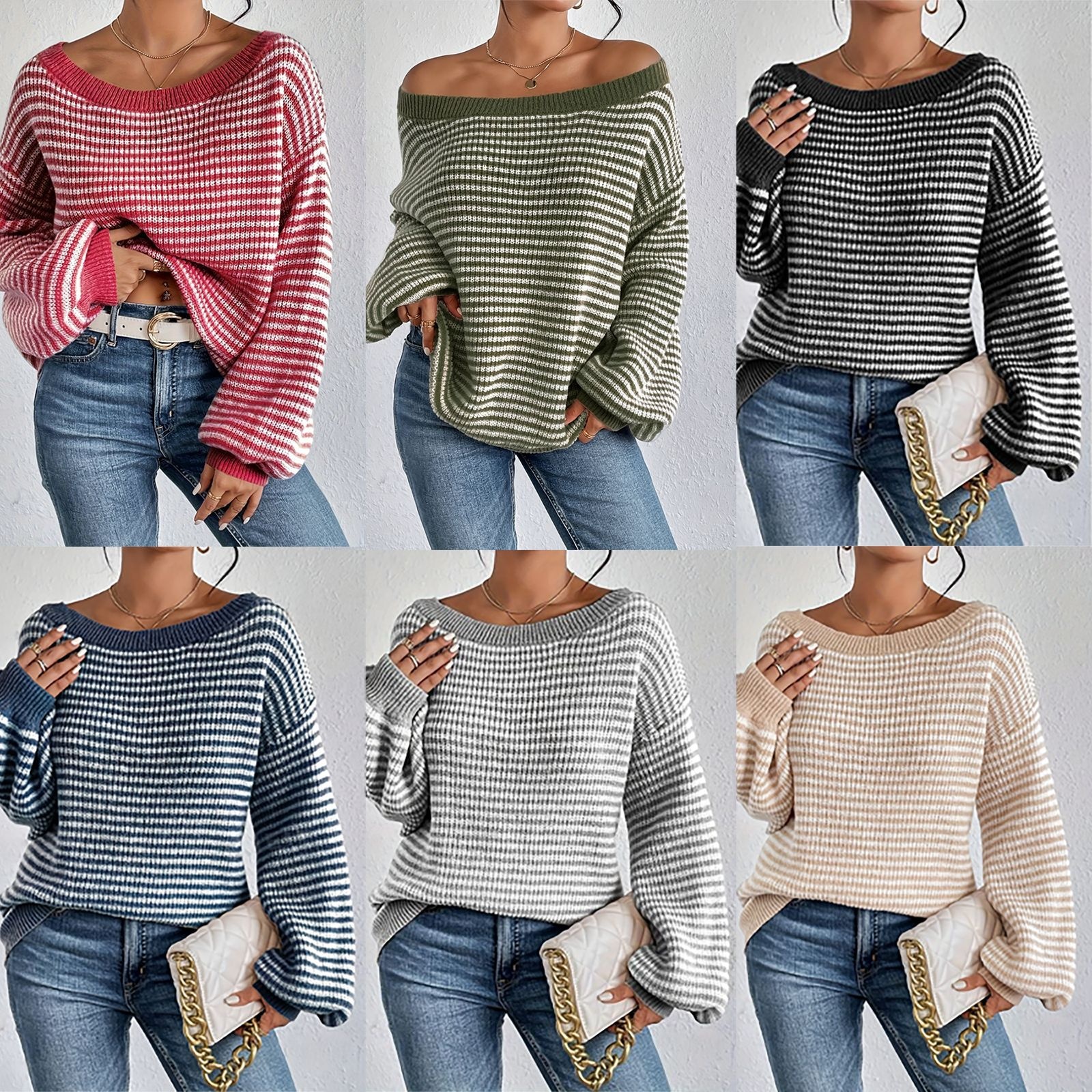 ChicShe ChicShe Autumn Winter New Off-Shoulder Striped Knit With One-Shoulder Collar, Drop Shoulder Sleeves, Lazy Fashion, European And_voghion.com