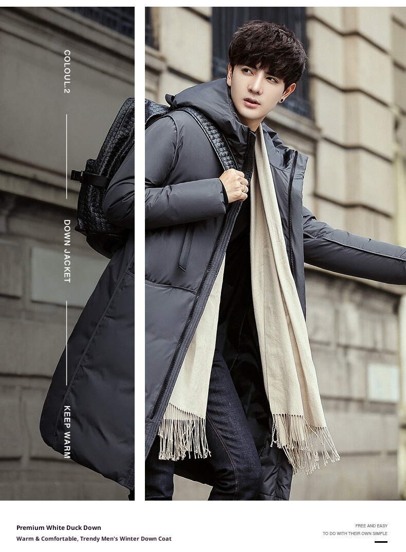 boy 2024 Winter Thickened Jacket Men Korean Version Slim Fit Hooded Men's Coat Fashion White Duck Down Mid-Length Parka_voghion.com