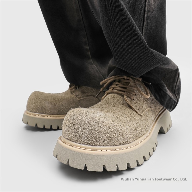 Voyage Paris Big Toe Derby Men Thick Sole Height Increase Retro Khaki Gray Suede Leather Work Shoes_voghion.com