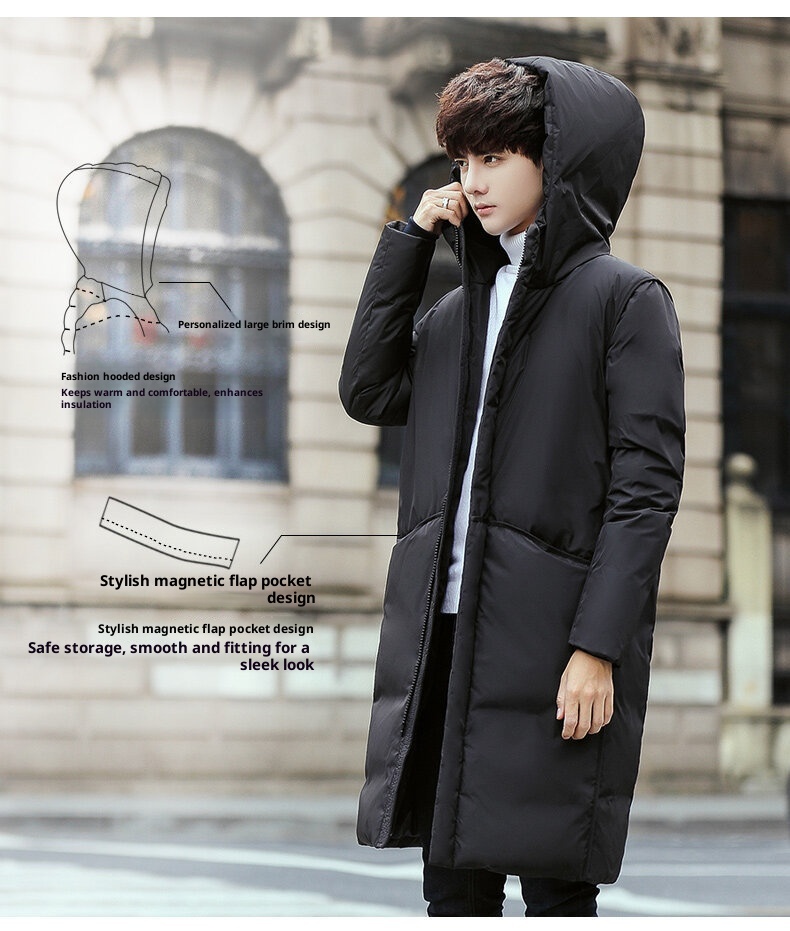 boy 2024 Winter Thickened Jacket Men Korean Version Slim Fit Hooded Men's Coat Fashion White Duck Down Mid-Length Parka_voghion.com