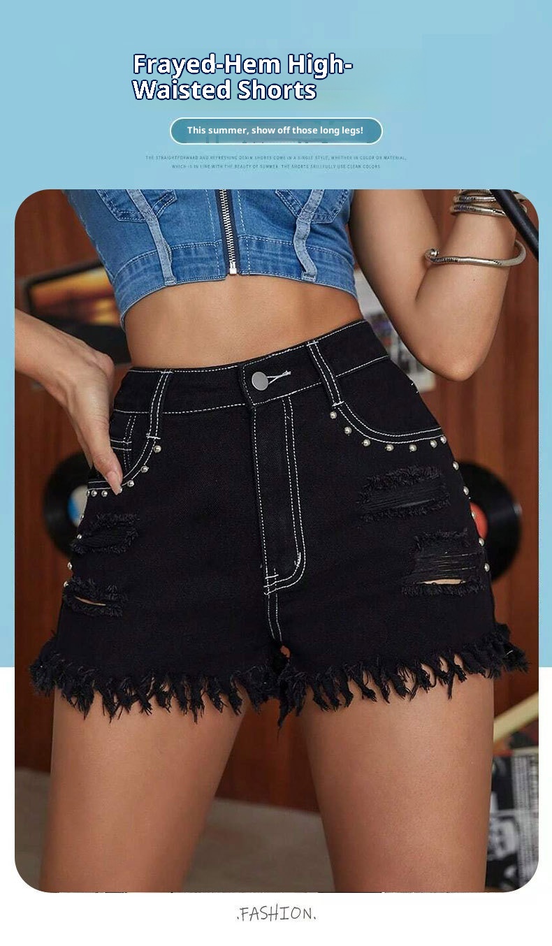 Short en jean grande taille, style streetwear européen et américain, déchiré, taille haute, pantalon polyvalent_voghion.com