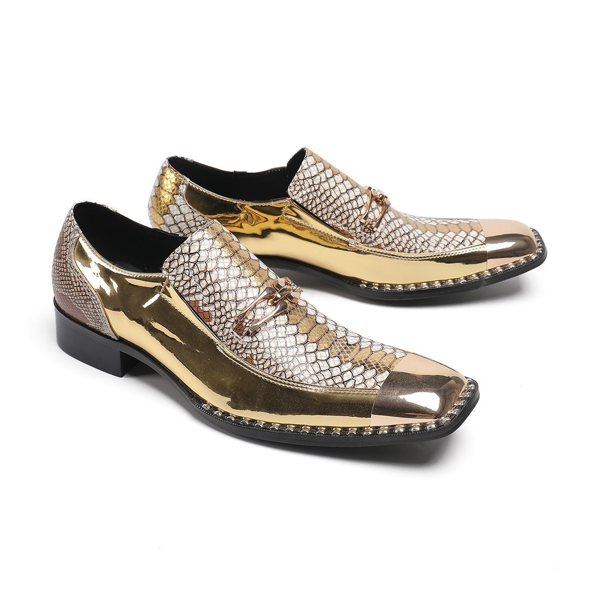 Voyage New Men's Gold Style Crocodile Pattern Leather Shoes Wide Casual Hairstylist European And American Trend Personality_voghion.com