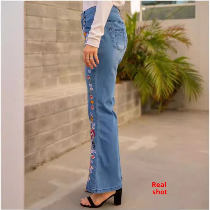 Meisjes Cross-Border Europese en Amerikaanse stijl geborduurde slim fit gewassen flared broek damesjeans_voghion.com