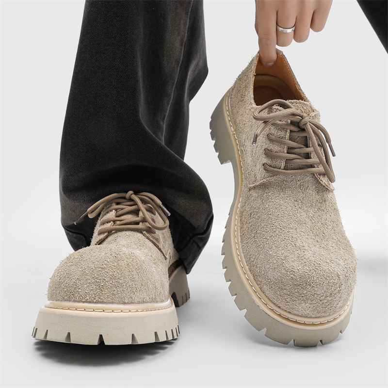 Voyage Paris Big Toe Derby Men Thick Sole Height Increase Retro Khaki Gray Suede Leather Work Shoes_voghion.com