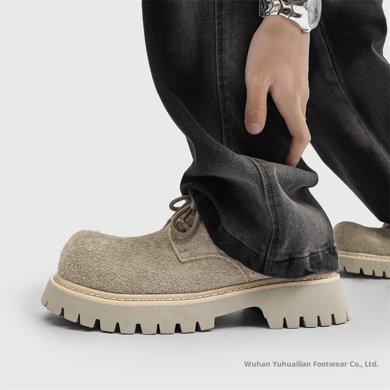 Voyage Paris Big Toe Derby Men Thick Sole Height Increase Retro Khaki Gray Suede Leather Work Shoes_voghion.com