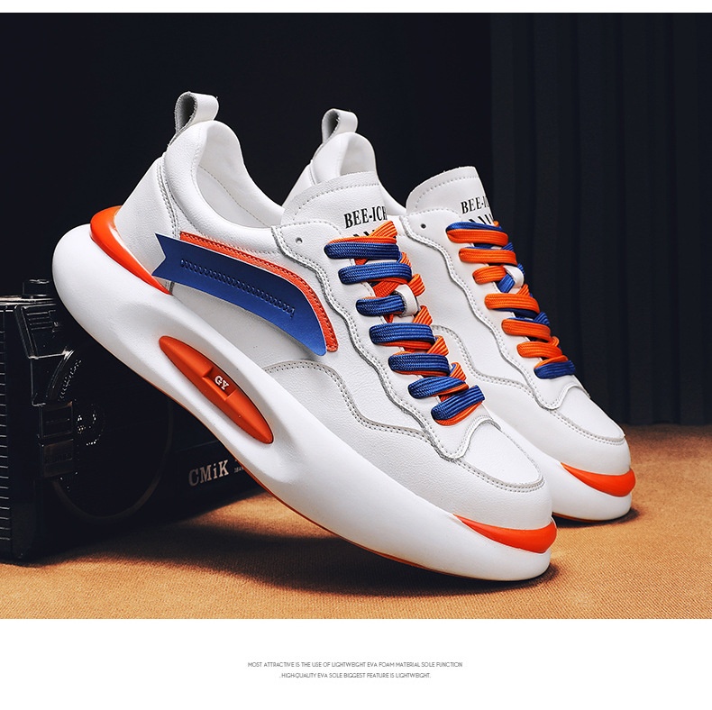 Tênis esportivo Zees de couro genuíno para casal, com sola grossa, branco, estilo casual e moderno, ideal para outono/inverno. Versátil e estiloso, perfeito para homens e mulheres._voghion.com