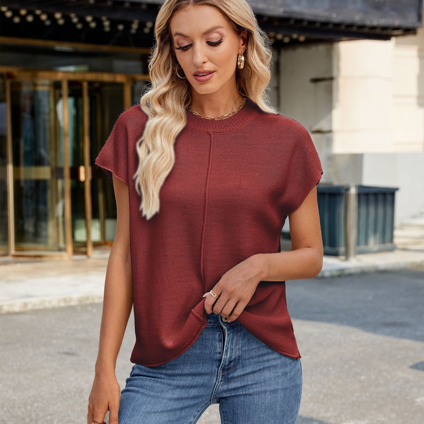 ChicShe ChicShe Coss-Bode, gilet casual estivo da donna, con scollo rotondo e maniche corte, europeo e americano_voghion.com