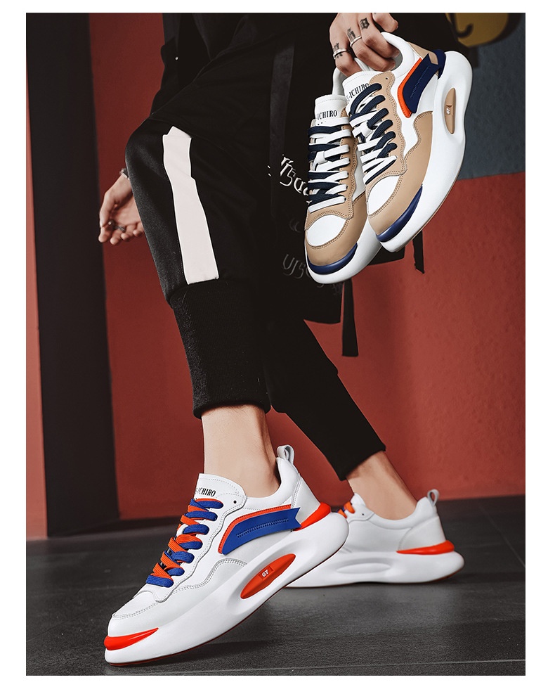 Tênis esportivo Zees de couro genuíno para casal, com sola grossa, branco, estilo casual e moderno, ideal para outono/inverno. Versátil e estiloso, perfeito para homens e mulheres._voghion.com