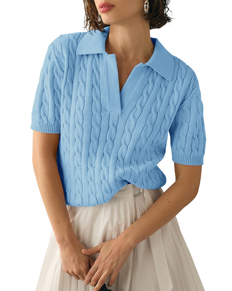 ChicShe ChicShe 2025 Commerce extérieur Européen et américain Polo à manches courtes pour femmes, maille décontractée, couleur unie, maille torsadée_voghion.com