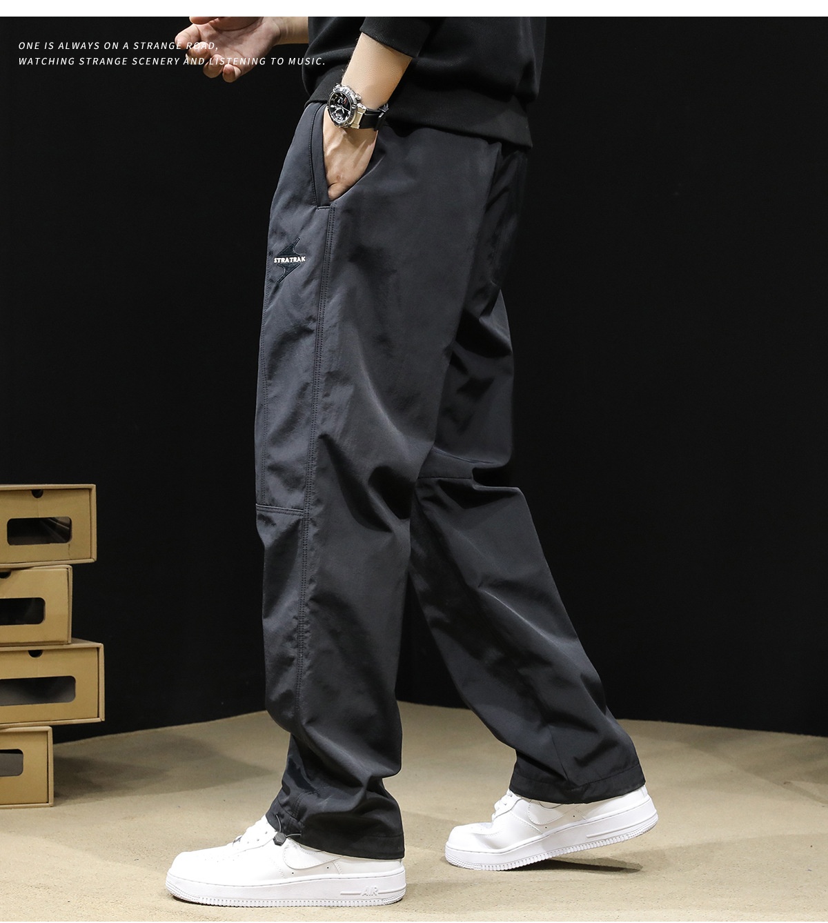 Pantaloni cargo larghi e dritti neri alla moda da uomo, nuovi, autunno 2025, casual_voghion.com