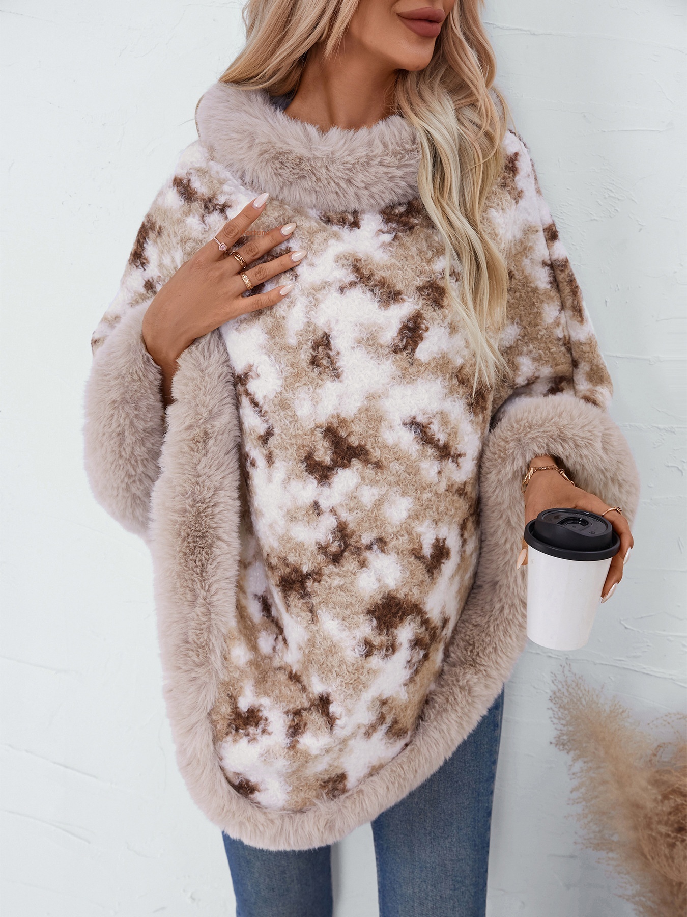 ChicShe ChicShe Fuzzy Rain European And American Cross-Border Fur Collar Pullover Color-Block Leopard Print Knitted Cape For Women_voghion.com