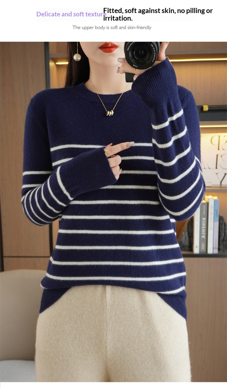 ChicShe ChicShe Women's Round Neck Sweater 2023 Autumn Winter New Long Sleeve Striped Pullover Slimming Knitted Wool Base Shirt_voghion.com