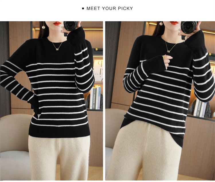 ChicShe ChicShe Women's Round Neck Sweater 2023 Autumn Winter New Long Sleeve Striped Pullover Slimming Knitted Wool Base Shirt_voghion.com