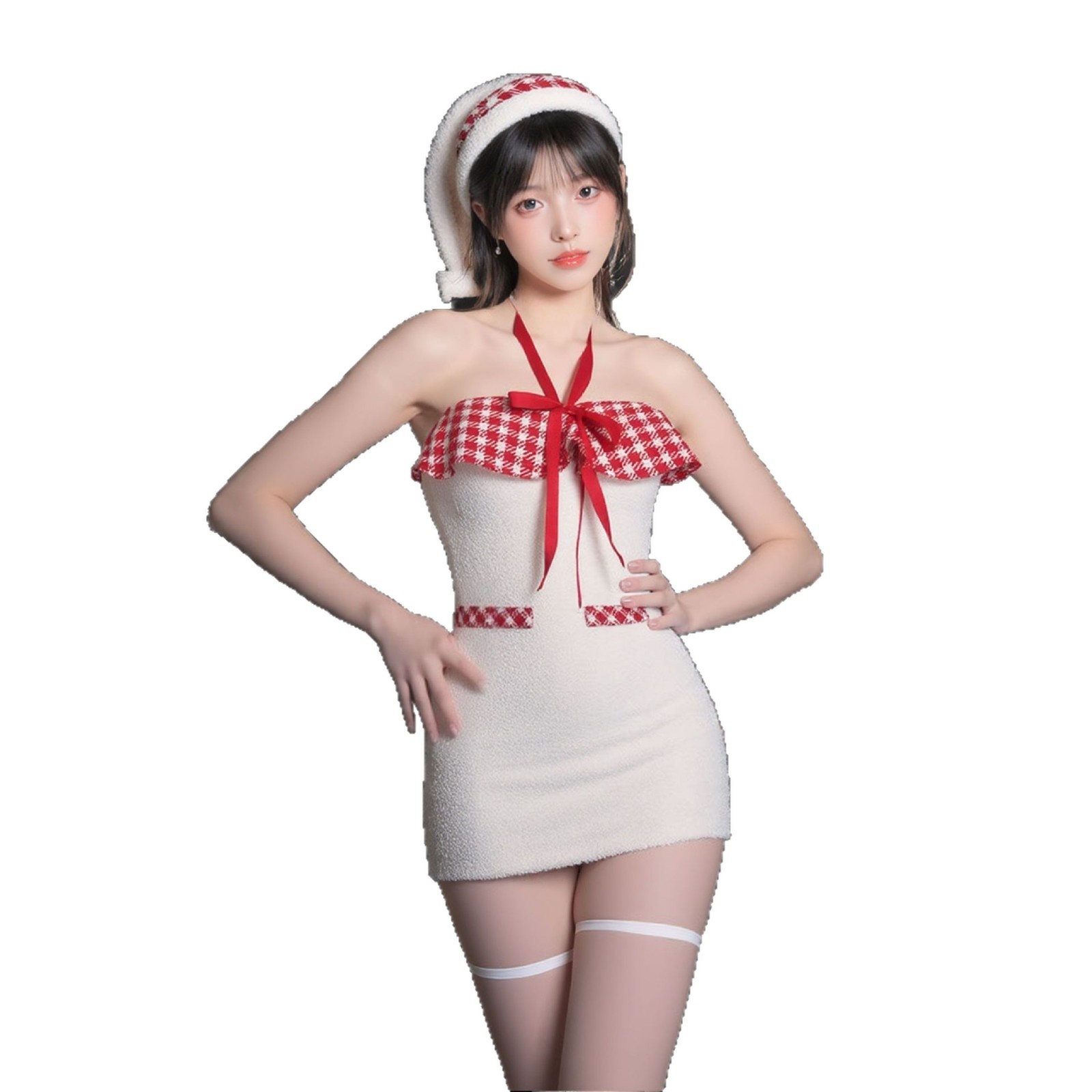 Eros Lab Lingerie Snowy Elf Christmas Girl Cute Pure Desire Fluffy Plaid Halter Neck Hot Sexy Bodycon Mini Dress_voghion.com