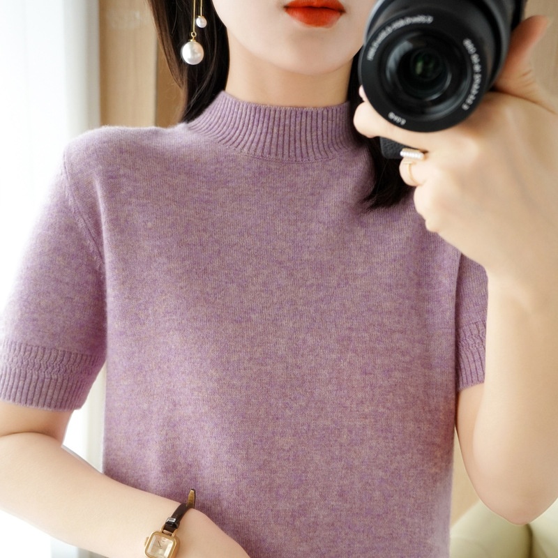 ChicShe ChicShe Spring And Autumn Turtleneck Women's Base Shirt Loose Wool Blend Short Inner Wear Half Sleeve Knitted Thin Sweater_voghion.com