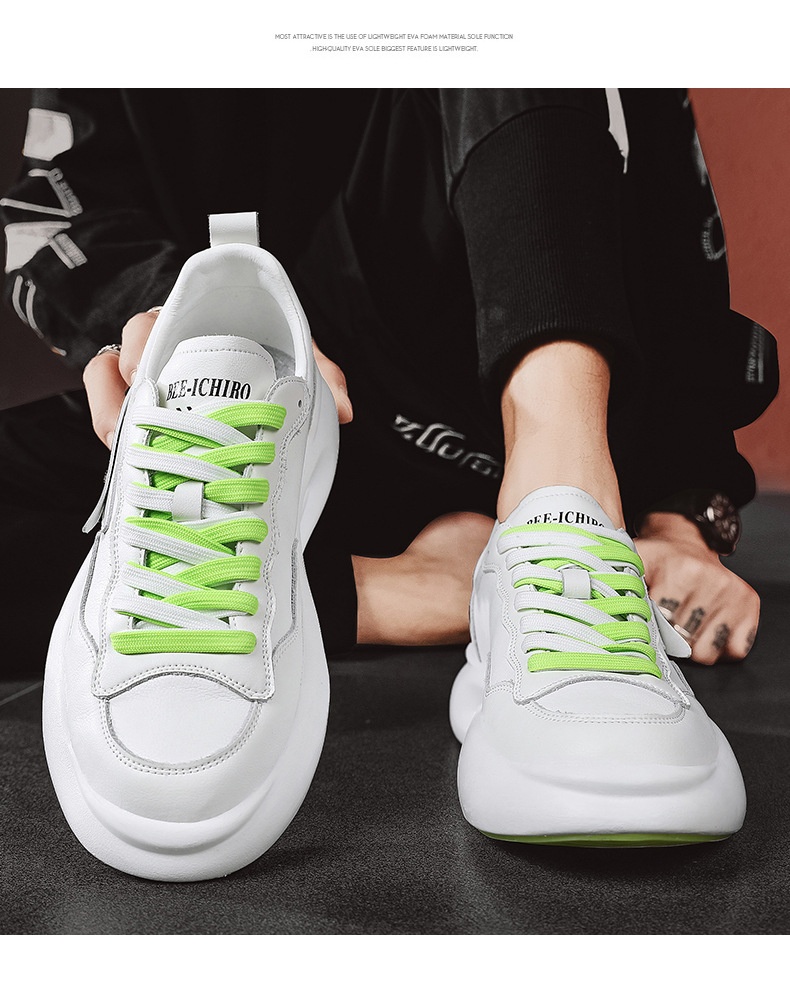 Tênis esportivo Zees de couro genuíno para casal, com sola grossa, branco, estilo casual e moderno, ideal para outono/inverno. Versátil e estiloso, perfeito para homens e mulheres._voghion.com