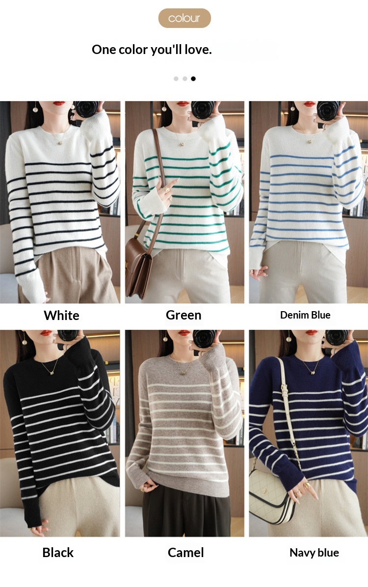 ChicShe ChicShe Women's Round Neck Sweater 2023 Autumn Winter New Long Sleeve Striped Pullover Slimming Knitted Wool Base Shirt_voghion.com