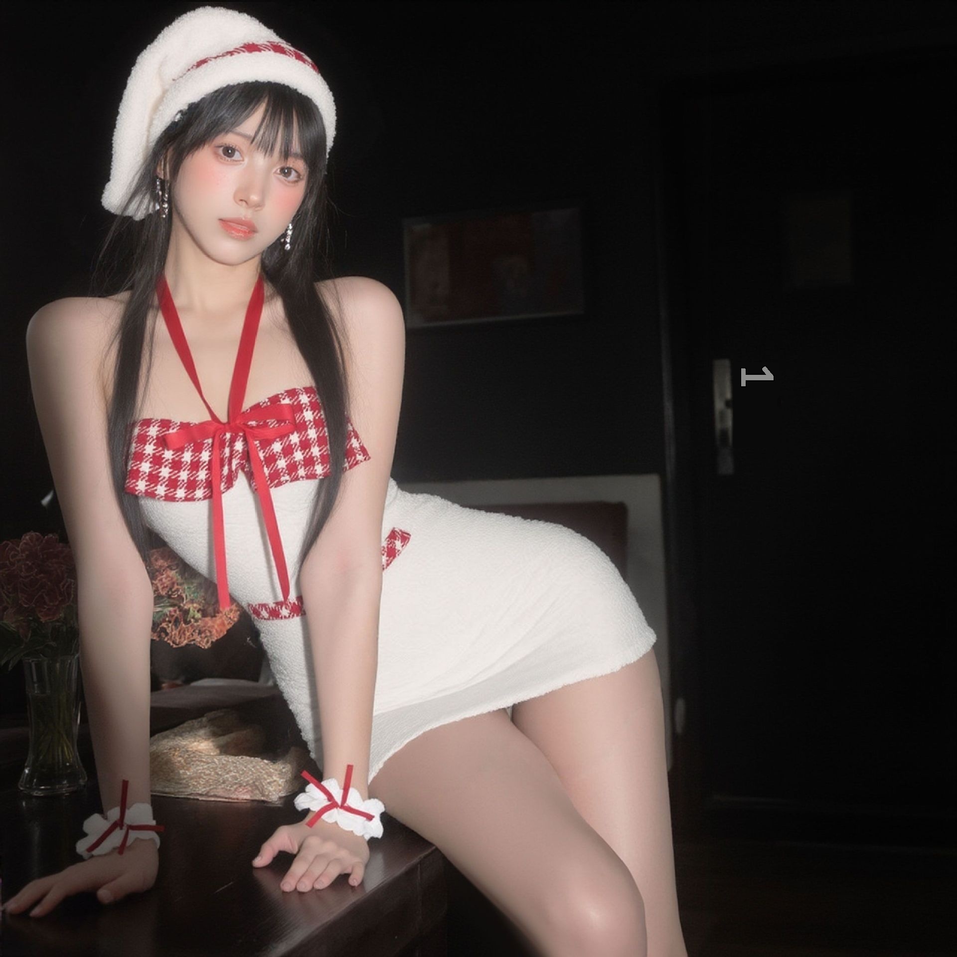 Eros Lab Lingerie Snowy Elf Christmas Girl Cute Pure Desire Fluffy Plaid Halter Neck Hot Sexy Bodycon Mini Dress_voghion.com