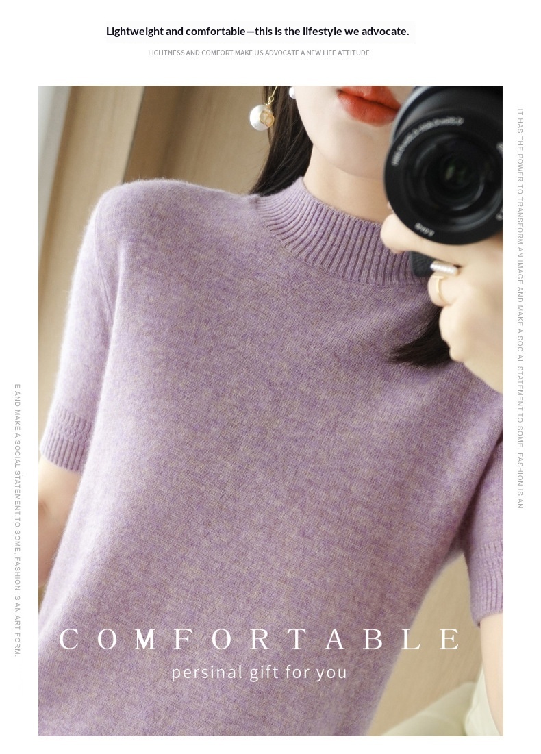 ChicShe ChicShe Spring And Autumn Turtleneck Women's Base Shirt Loose Wool Blend Short Inner Wear Half Sleeve Knitted Thin Sweater_voghion.com