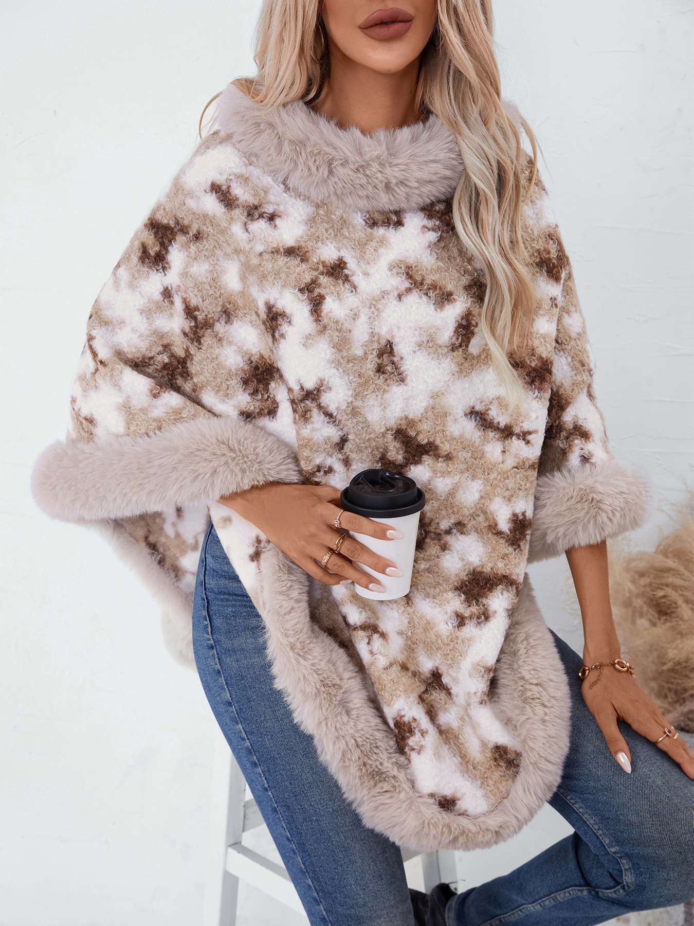 ChicShe ChicShe Fuzzy Rain European And American Cross-Border Fur Collar Pullover Color-Block Leopard Print Knitted Cape For Women_voghion.com