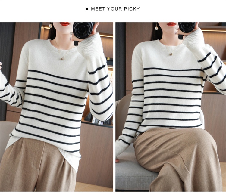ChicShe ChicShe Women's Round Neck Sweater 2023 Autumn Winter New Long Sleeve Striped Pullover Slimming Knitted Wool Base Shirt_voghion.com