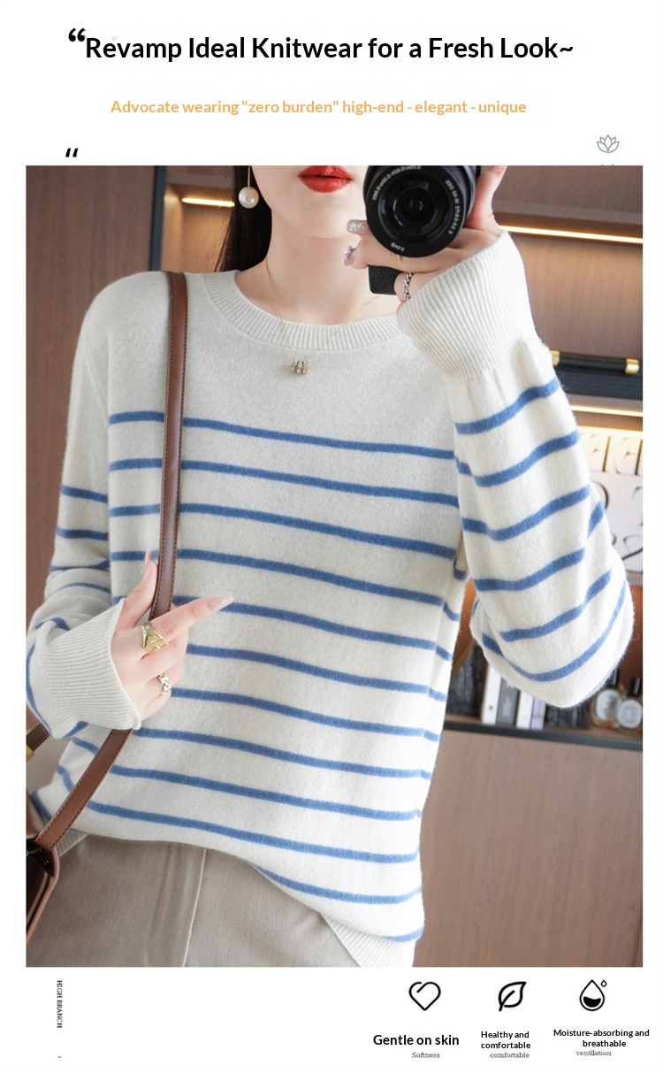 ChicShe ChicShe Women's Round Neck Sweater 2023 Autumn Winter New Long Sleeve Striped Pullover Slimming Knitted Wool Base Shirt_voghion.com