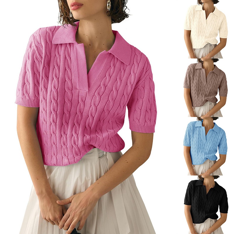 ChicShe ChicShe 2025 Commerce extérieur Européen et américain Polo à manches courtes pour femmes, maille décontractée, couleur unie, maille torsadée_voghion.com