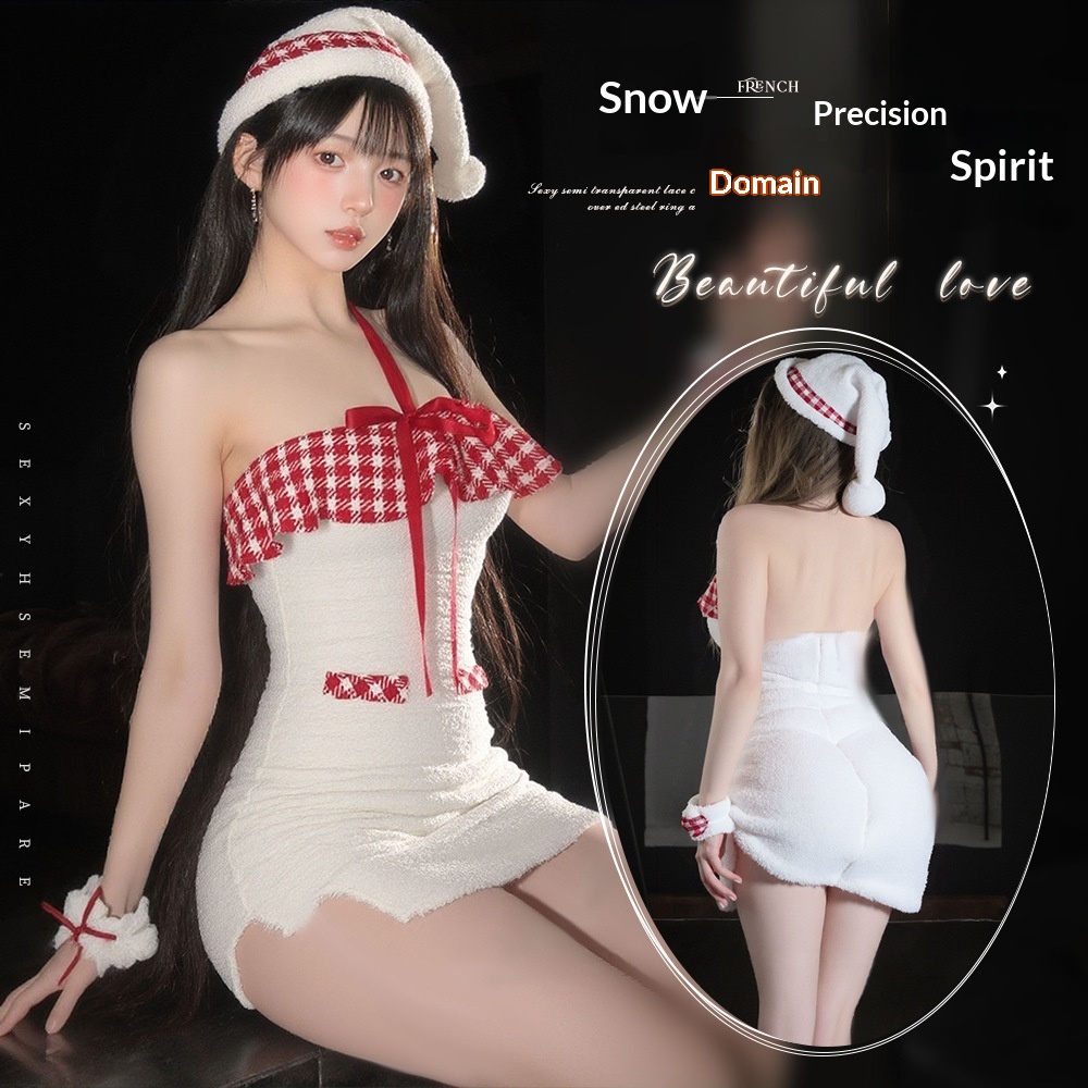 Eros Lab Lingerie Snowy Elf Christmas Girl Cute Pure Desire Fluffy Plaid Halter Neck Hot Sexy Bodycon Mini Dress_voghion.com