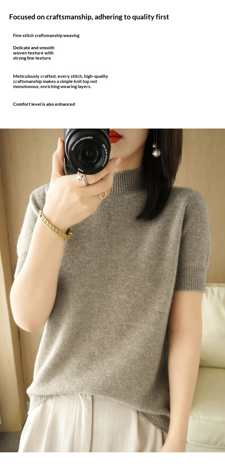 ChicShe ChicShe Spring And Autumn Turtleneck Women's Base Shirt Loose Wool Blend Short Inner Wear Half Sleeve Knitted Thin Sweater_voghion.com