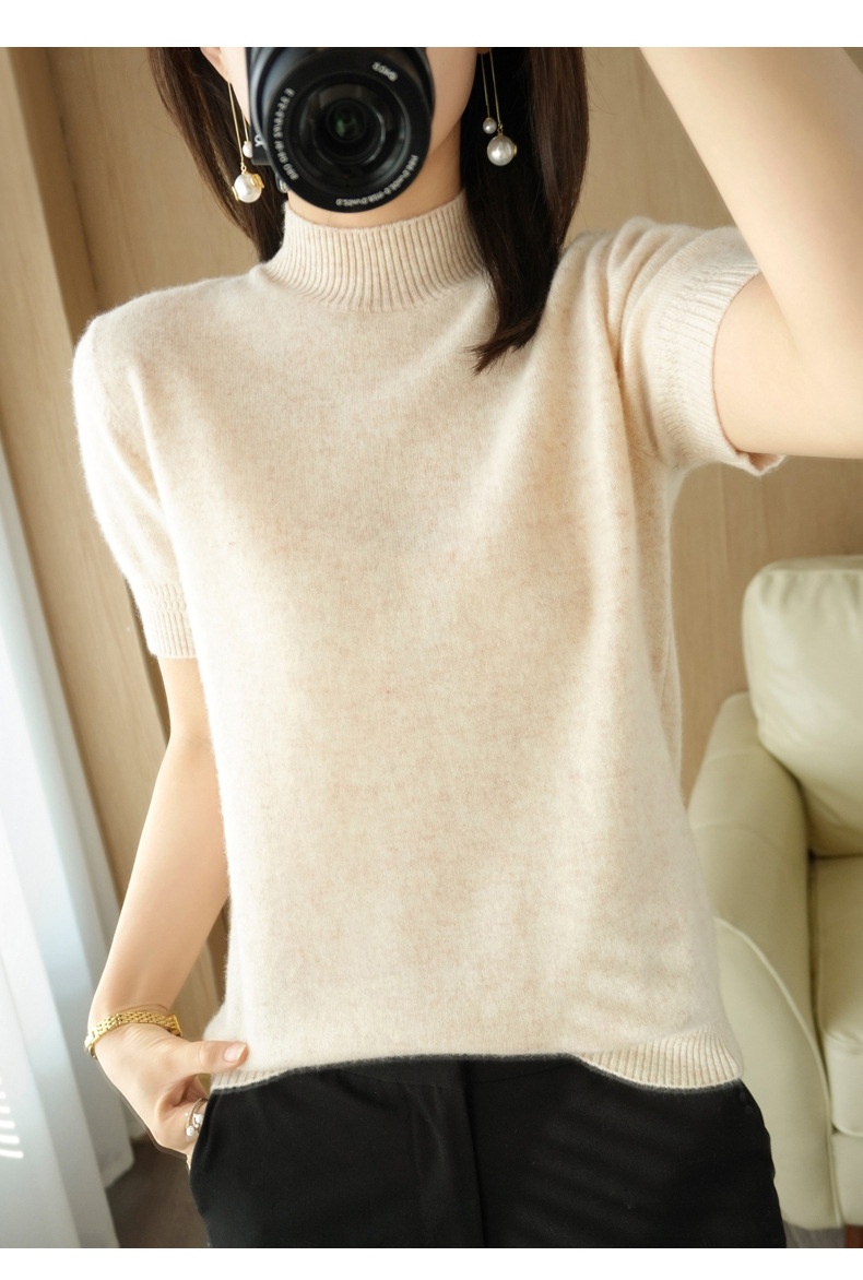 ChicShe ChicShe Spring And Autumn Turtleneck Women's Base Shirt Loose Wool Blend Short Inner Wear Half Sleeve Knitted Thin Sweater_voghion.com
